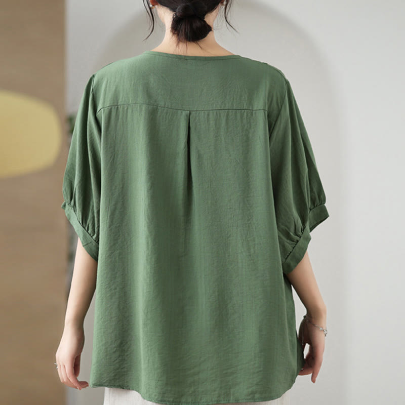 Buddha Stones Kwiat Haftowany Wzór Pół Rękawa Bawełna Lniana Koszulka T-shirt - image 2