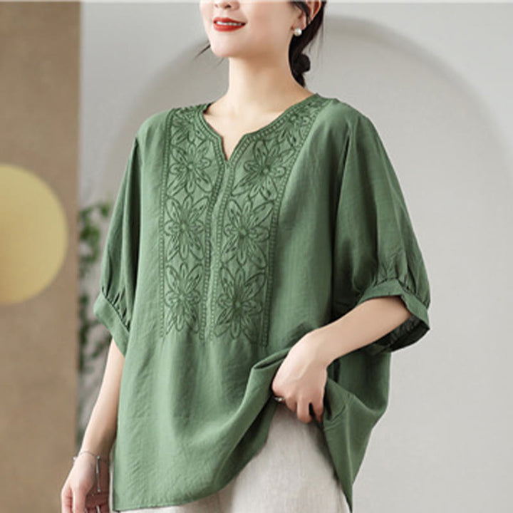 Buddha Stones Kwiat Haftowany Wzór Pół Rękawa Bawełna Lniana Koszulka T-shirt - image 8