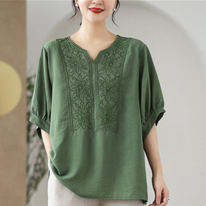Buddha Stones Kwiat Haftowany Wzór Pół Rękawa Bawełna Lniana Koszulka T-shirt - image 9