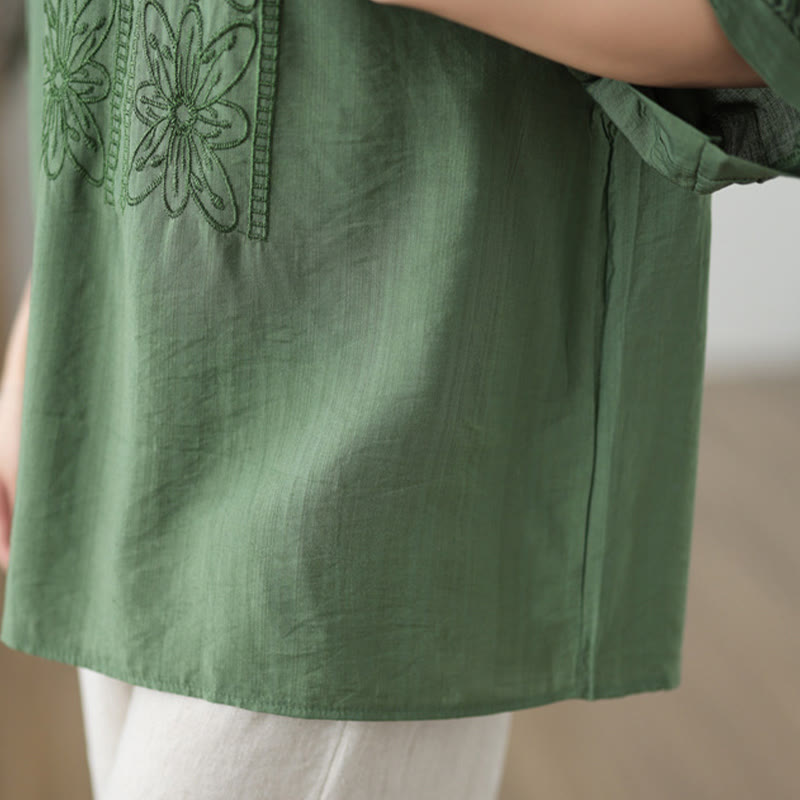 Buddha Stones Kwiat Haftowany Wzór Pół Rękawa Bawełna Lniana Koszulka T-shirt - image 7