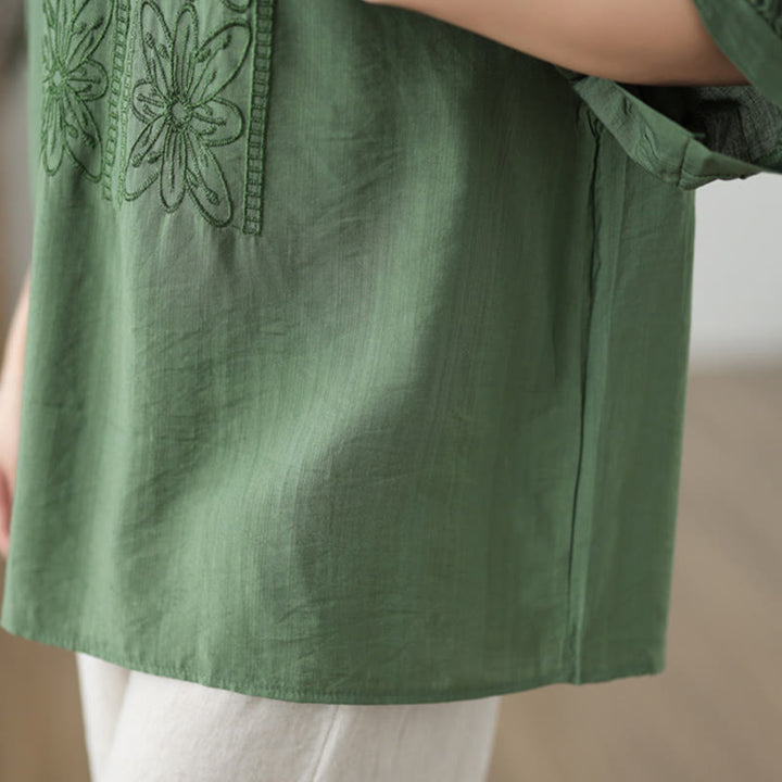 Buddha Stones Kwiat Haftowany Wzór Pół Rękawa Bawełna Lniana Koszulka T-shirt - image 7