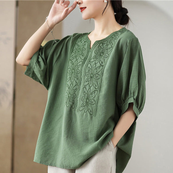 Buddha Stones Kwiat Haftowany Wzór Pół Rękawa Bawełna Lniana Koszulka T-shirt - image 3