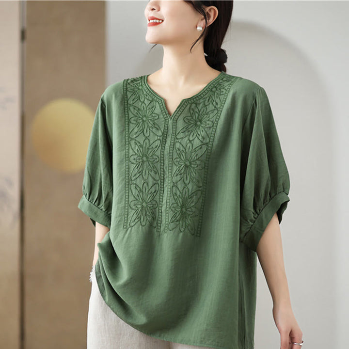 Buddha Stones Kwiat Haftowany Wzór Pół Rękawa Bawełna Lniana Koszulka T-shirt - image 4