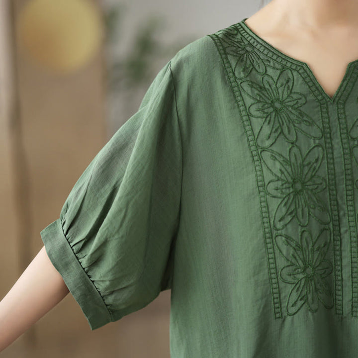 Buddha Stones Kwiat Haftowany Wzór Pół Rękawa Bawełna Lniana Koszulka T-shirt - image 6