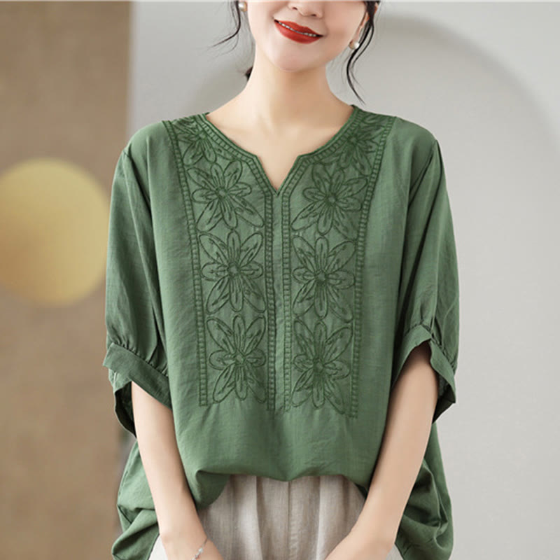 Buddha Stones Kwiat Haftowany Wzór Pół Rękawa Bawełna Lniana Koszulka T-shirt - image 1