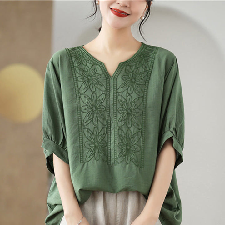 Buddha Stones Kwiat Haftowany Wzór Pół Rękawa Bawełna Lniana Koszulka T-shirt - image 1