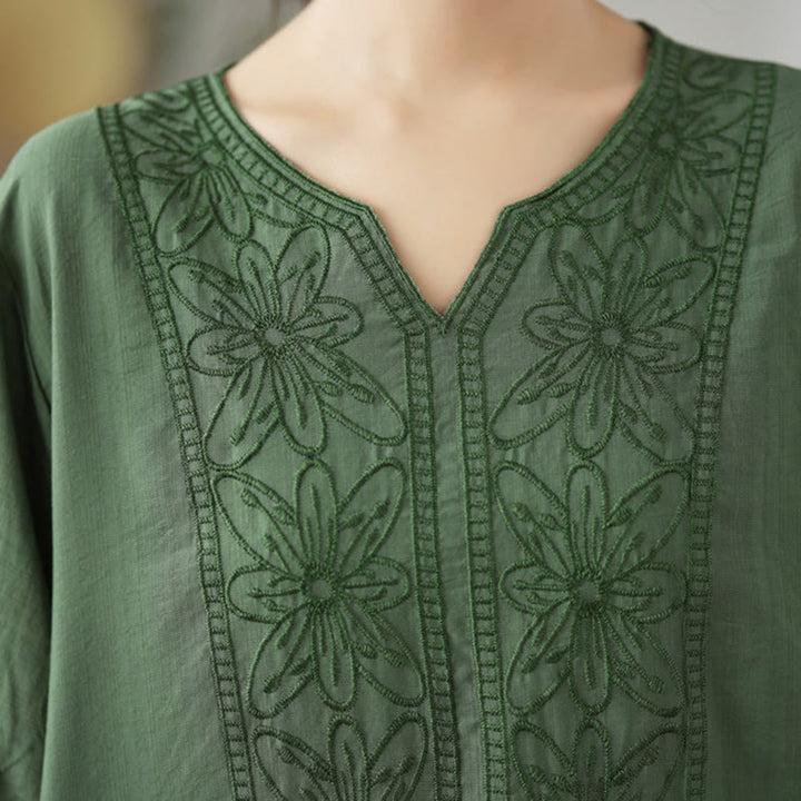 Buddha Stones Kwiat Haftowany Wzór Pół Rękawa Bawełna Lniana Koszulka T-shirt - image 5