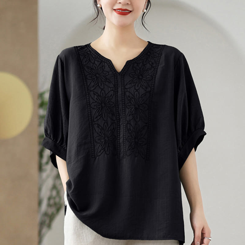 Buddha Stones Kwiat Haftowany Wzór Pół Rękawa Bawełna Lniana Koszulka T-shirt - image 12