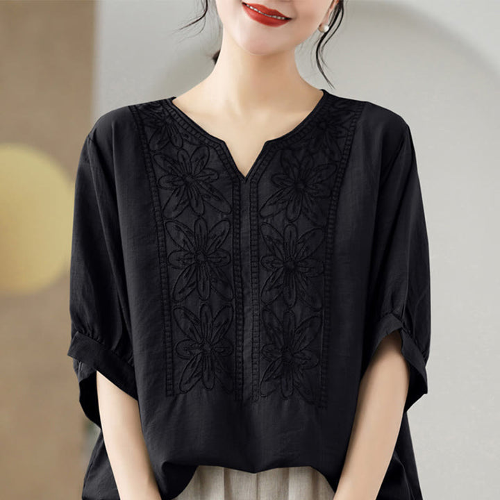 Buddha Stones Kwiat Haftowany Wzór Pół Rękawa Bawełna Lniana Koszulka T-shirt - Czarny - F (pasuje do US4-6; UK/AU8-10; EU36-38) - image 11