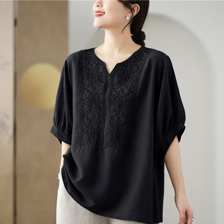 Buddha Stones Kwiat Haftowany Wzór Pół Rękawa Bawełna Lniana Koszulka T-shirt - image 13