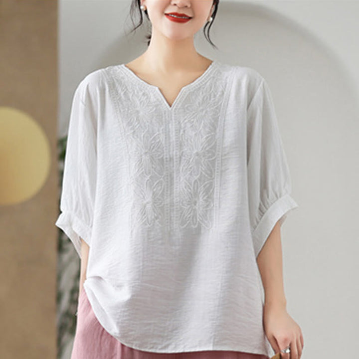 Buddha Stones Kwiat Haftowany Wzór Pół Rękawa Bawełna Lniana Koszulka T-shirt - image 21