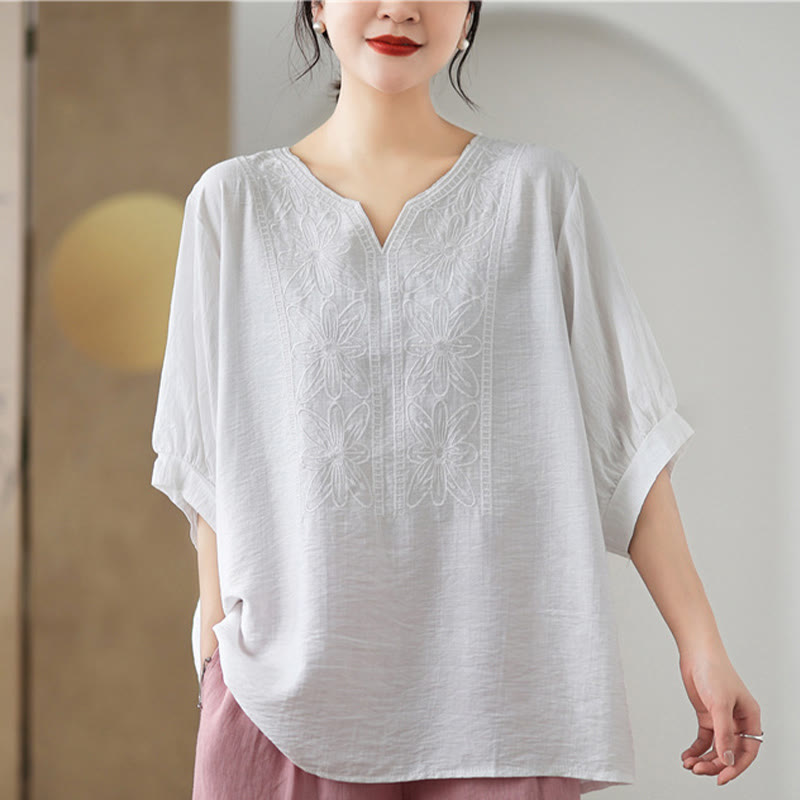 Buddha Stones Kwiat Haftowany Wzór Pół Rękawa Bawełna Lniana Koszulka T-shirt - Biały - F (pasuje do US4-6; UK/AU8-10; EU36-38) - image 15