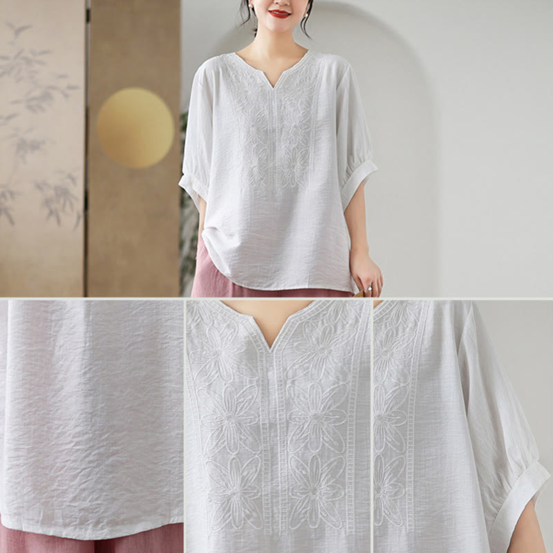 Buddha Stones Kwiat Haftowany Wzór Pół Rękawa Bawełna Lniana Koszulka T-shirt - image 19