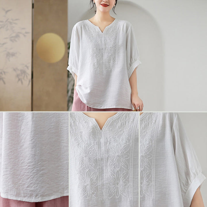 Buddha Stones Kwiat Haftowany Wzór Pół Rękawa Bawełna Lniana Koszulka T-shirt - image 19