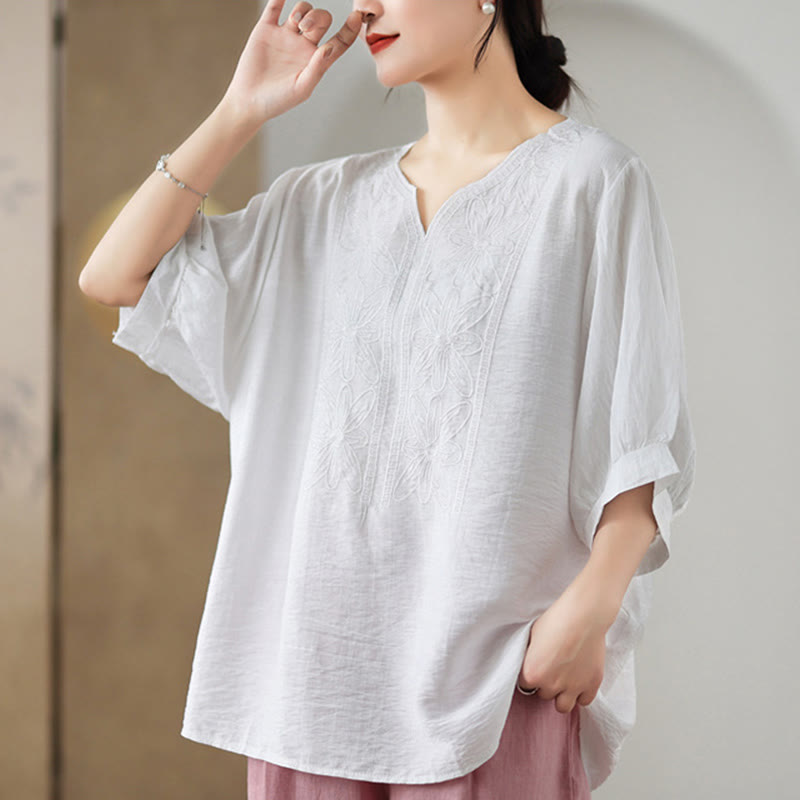 Buddha Stones Kwiat Haftowany Wzór Pół Rękawa Bawełna Lniana Koszulka T-shirt - image 18