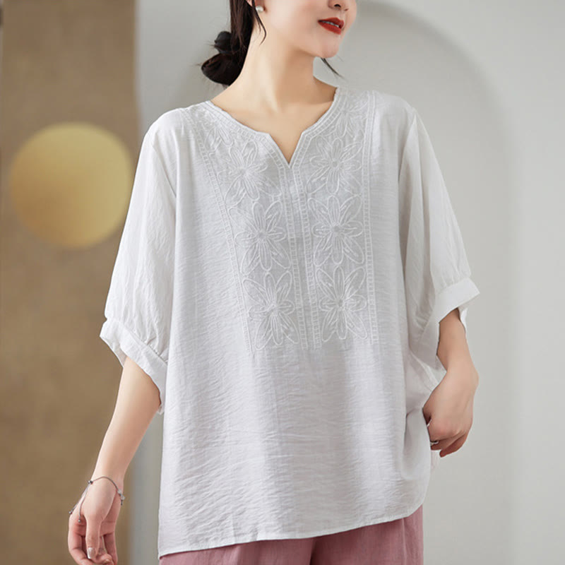 Buddha Stones Kwiat Haftowany Wzór Pół Rękawa Bawełna Lniana Koszulka T-shirt - image 16