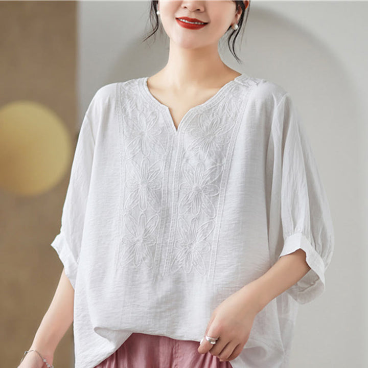 Buddha Stones Kwiat Haftowany Wzór Pół Rękawa Bawełna Lniana Koszulka T-shirt - image 20