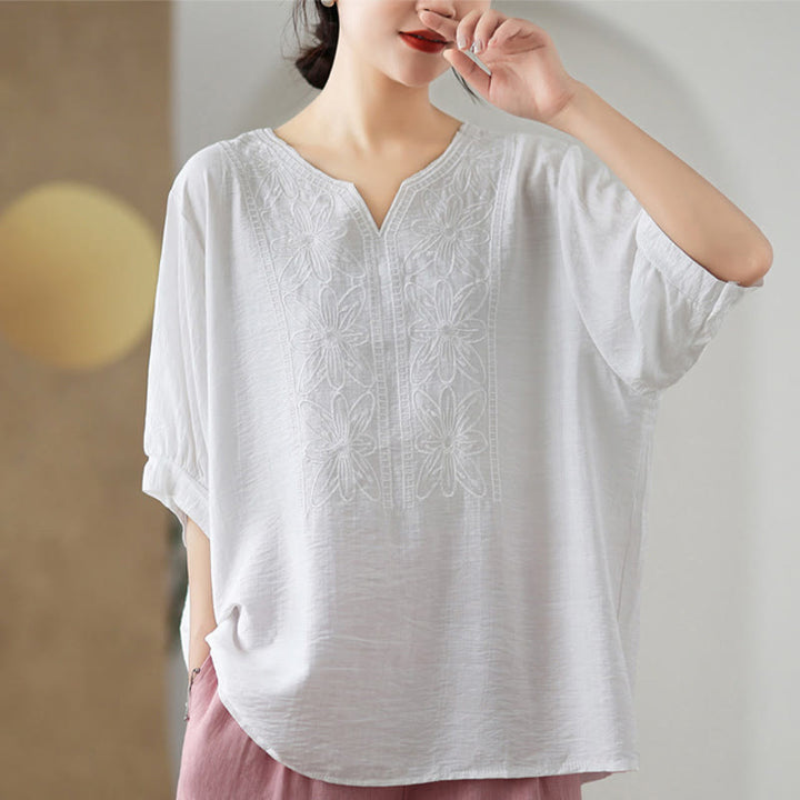 Buddha Stones Kwiat Haftowany Wzór Pół Rękawa Bawełna Lniana Koszulka T-shirt - image 17