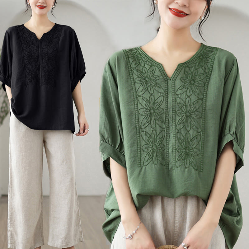 Buddha Stones Kwiat Haftowany Wzór Pół Rękawa Bawełna Lniana Koszulka T-shirt - image 10