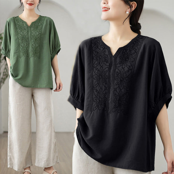 Buddha Stones Kwiat Haftowany Wzór Pół Rękawa Bawełna Lniana Koszulka T-shirt - image 14