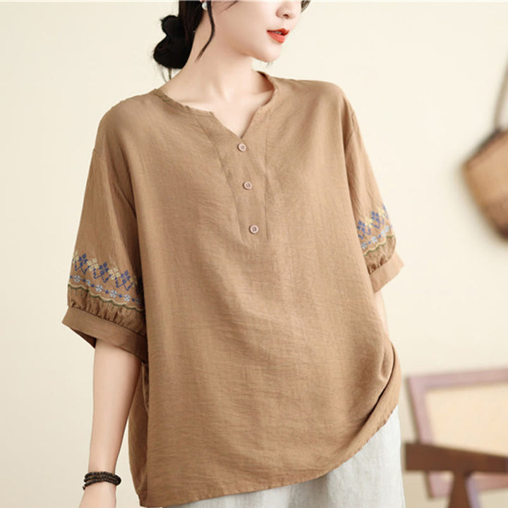 Buddha Stones Vintage Pół Rękaw Haft Projekt Bawełna Lniana Koszulka T-shirt - image 9
