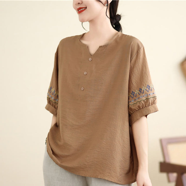 Buddha Stones Vintage Pół Rękaw Haft Projekt Bawełna Lniana Koszulka T-shirt - BurlyWood - US4-6, UK/AU8-10, EU36-38 (F) - image 7