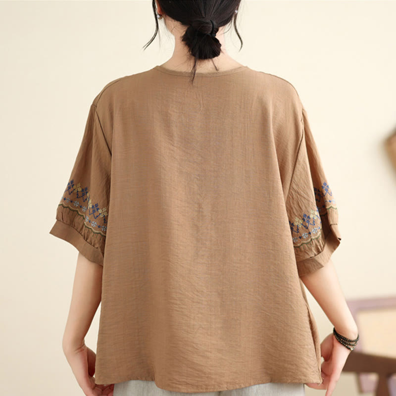Buddha Stones Vintage Pół Rękaw Haft Projekt Bawełna Lniana Koszulka T-shirt - image 8