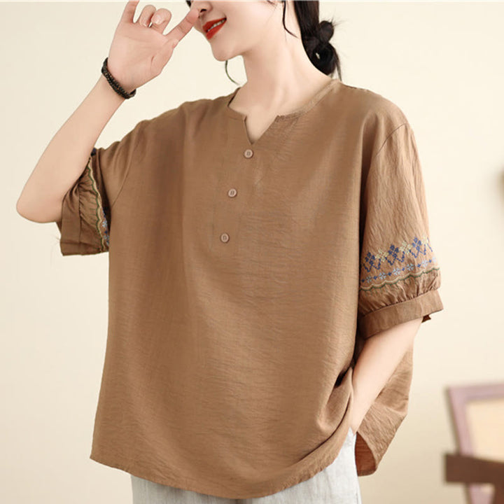 Buddha Stones Vintage Pół Rękaw Haft Projekt Bawełna Lniana Koszulka T-shirt - image 10