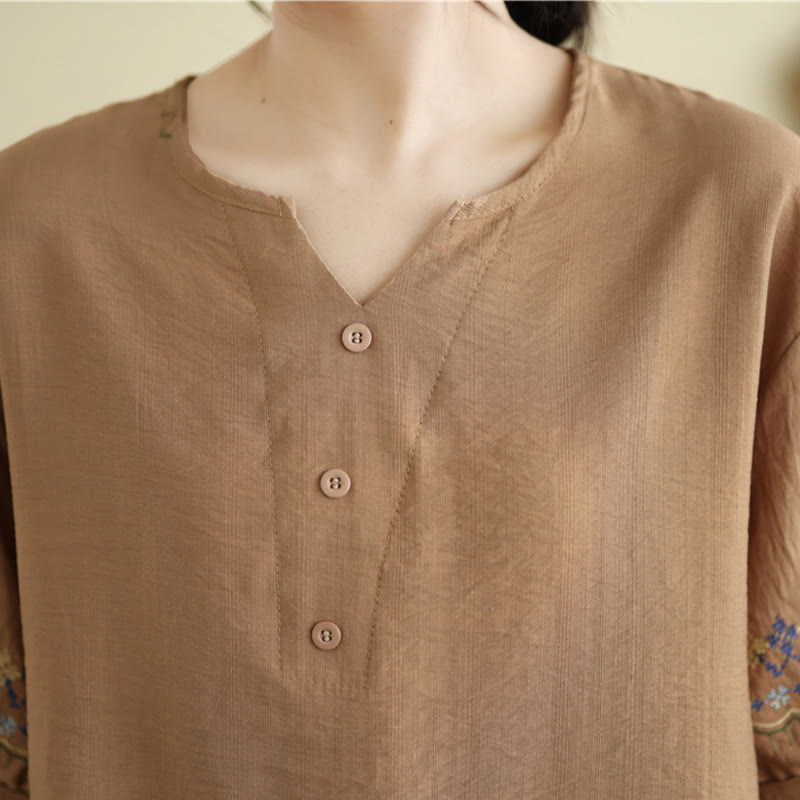 Buddha Stones Vintage Pół Rękaw Haft Projekt Bawełna Lniana Koszulka T-shirt - image 12