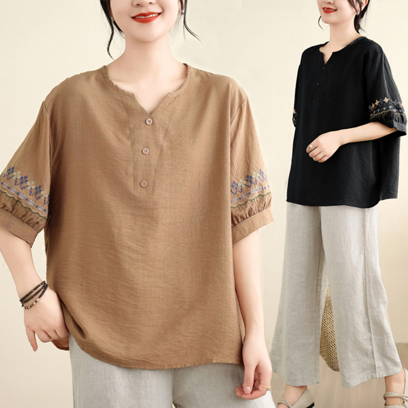 Buddha Stones Vintage Pół Rękaw Haft Projekt Bawełna Lniana Koszulka T-shirt - image 17