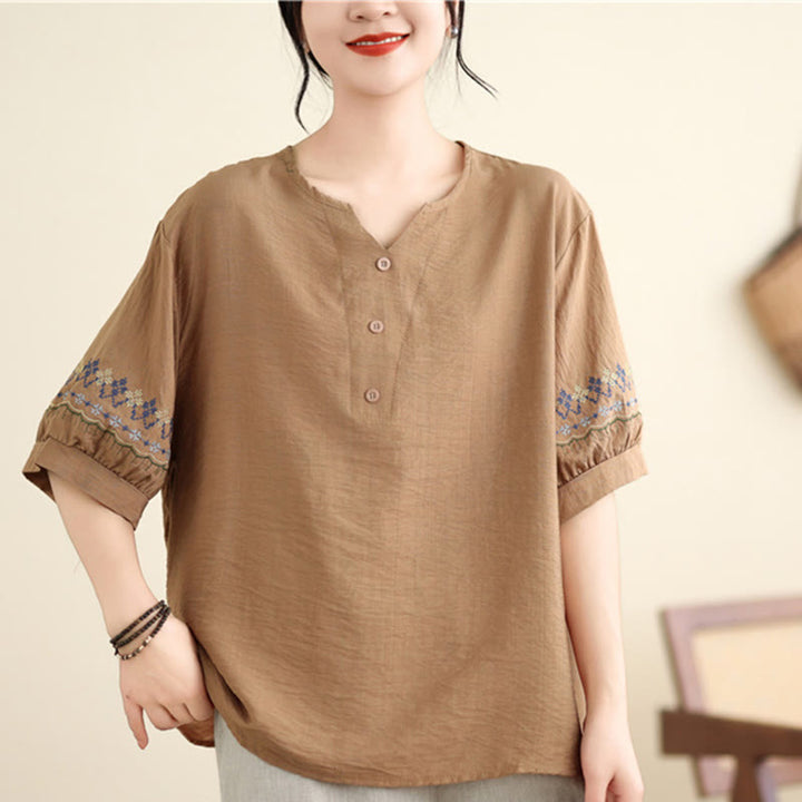Buddha Stones Vintage Pół Rękaw Haft Projekt Bawełna Lniana Koszulka T-shirt - image 11
