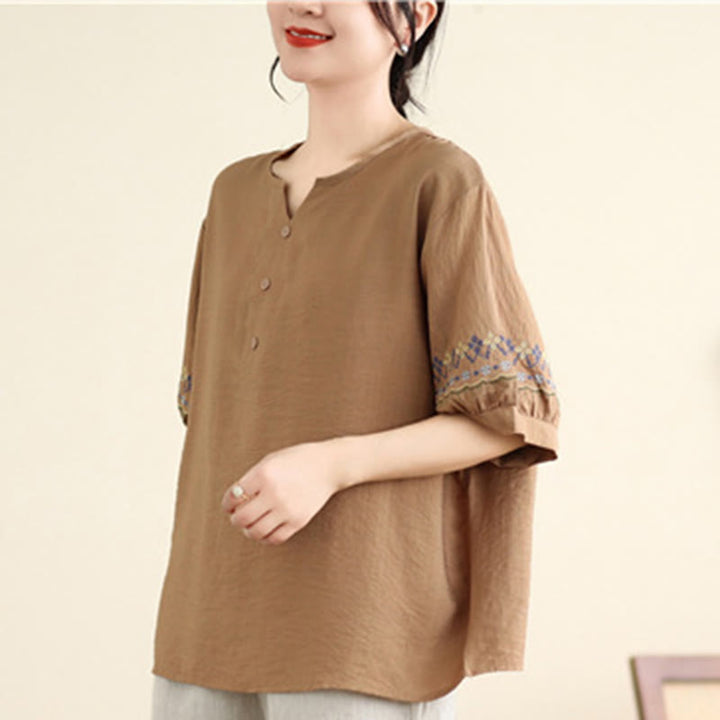 Buddha Stones Vintage Pół Rękaw Haft Projekt Bawełna Lniana Koszulka T-shirt - image 16