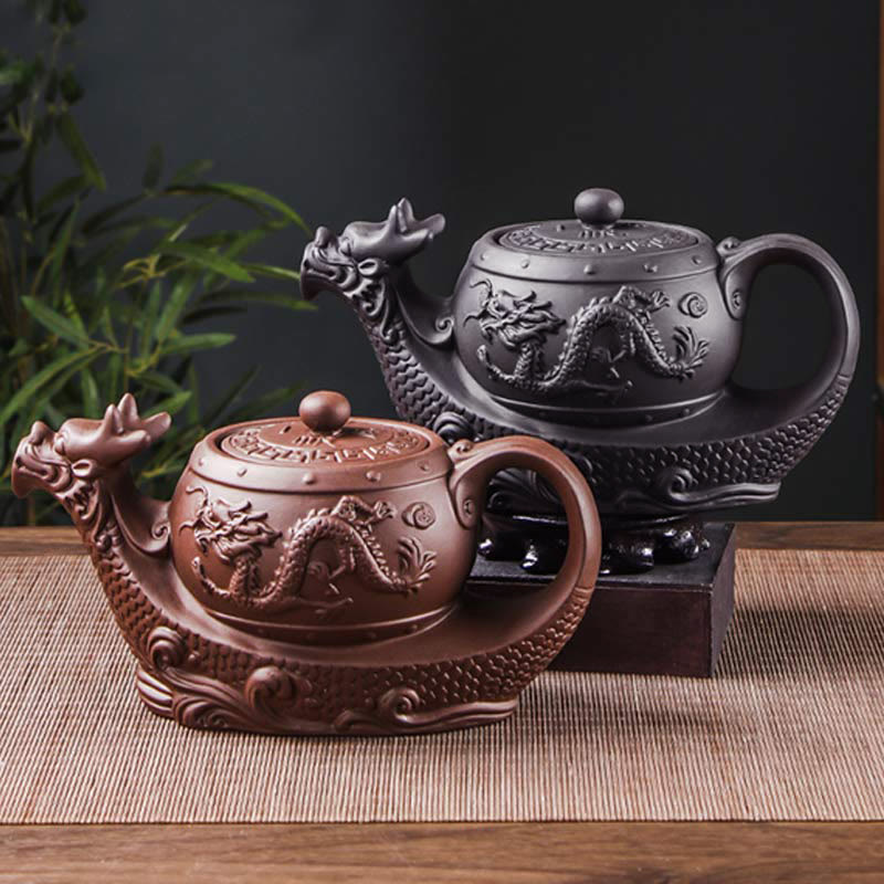 Buddha Stones Vintage Dragon Pomyślne Chmury Fioletowa Glina Ceramiczny Czajnik