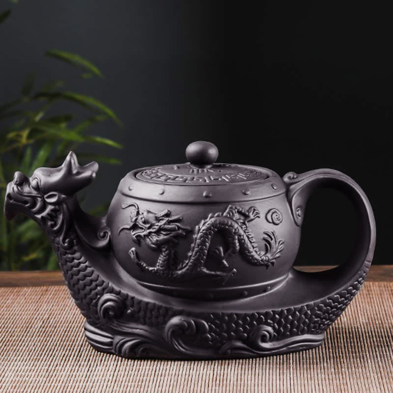 Buddha Stones Vintage Dragon Pomyślne Chmury Fioletowa Glina Ceramiczny Czajnik