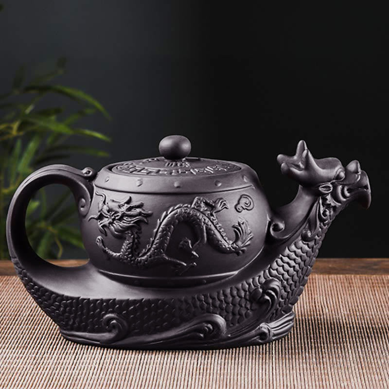 Buddha Stones Vintage Dragon Pomyślne Chmury Fioletowa Glina Ceramiczny Czajnik