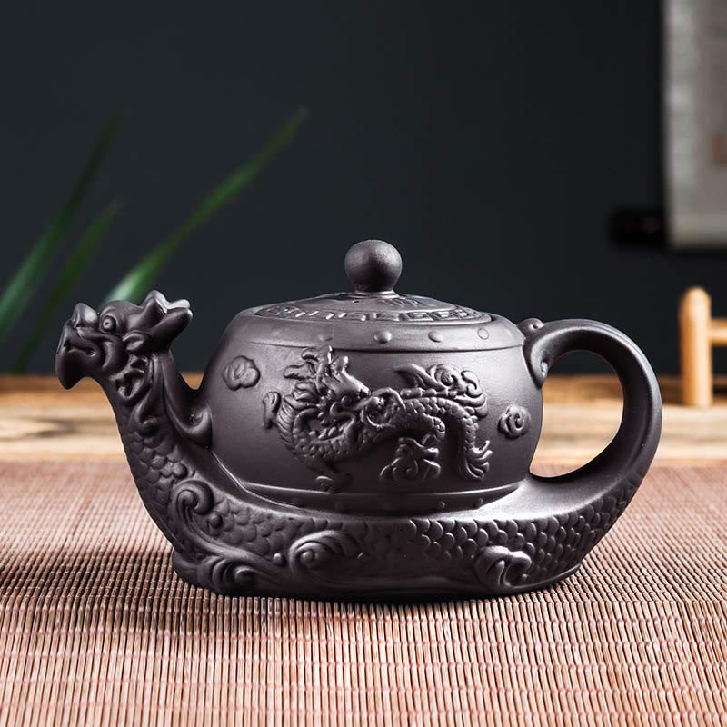 Buddha Stones Vintage Dragon Pomyślne Chmury Fioletowa Glina Ceramiczny Czajnik