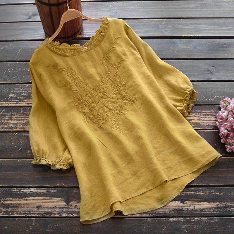 Koszulka damska z okrągłym dekoltem i haftem kwiatowym „Buddha Stones” - Cytrynowe Szyfony - US14, UK/AU18, EU46 (4XL) - image 8