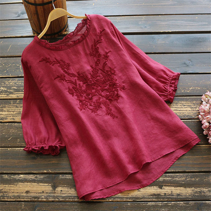 Koszulka damska z okrągłym dekoltem i haftem kwiatowym „Buddha Stones” - LightCoral - US14, UK/AU18, EU46 (4XL) - image 6