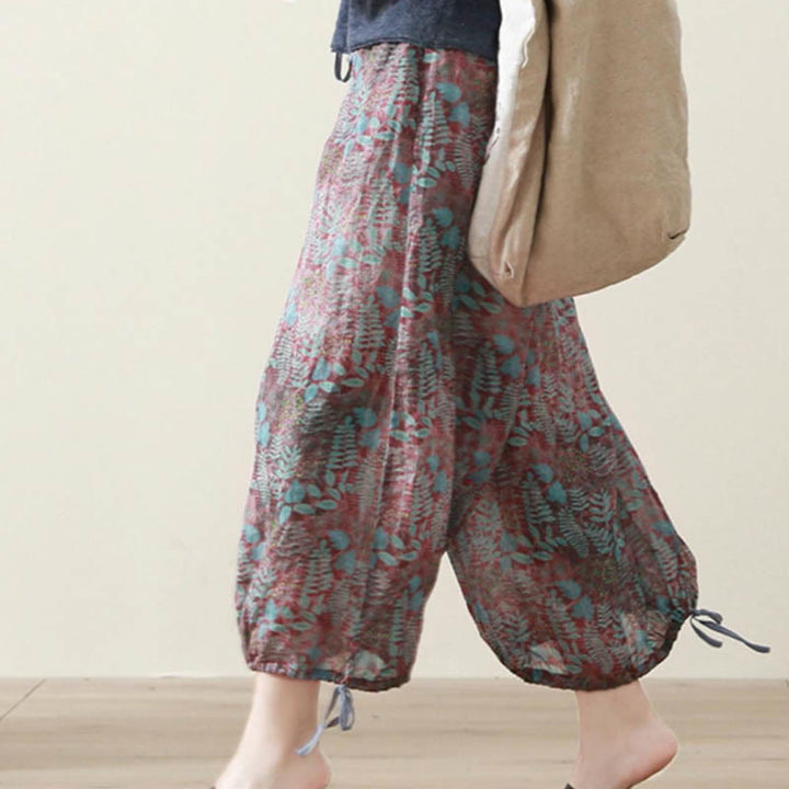 Buddha Stones Letnie Damskie Niebieskie Liście Rośliny Spodnie Z Kieszeniami - image 10