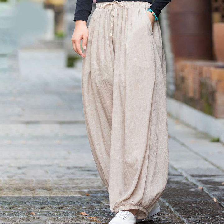 Spodnie lniane z kieszeniami i ściągaczem Buddha Stones Summer Plain Color - image 13