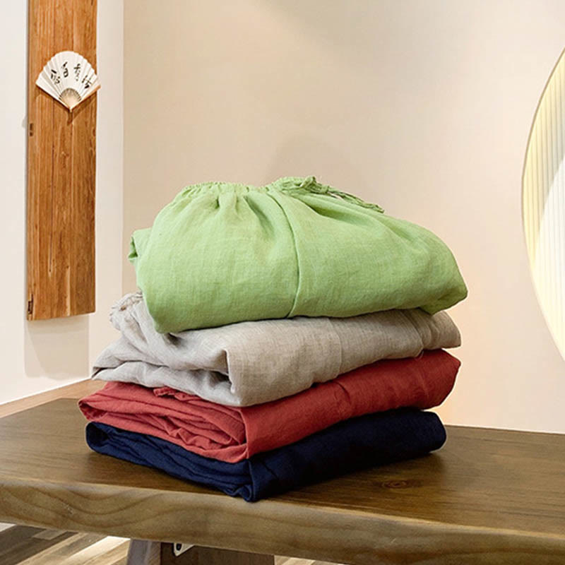 Spodnie lniane z kieszeniami i ściągaczem Buddha Stones Summer Plain Color - image 1