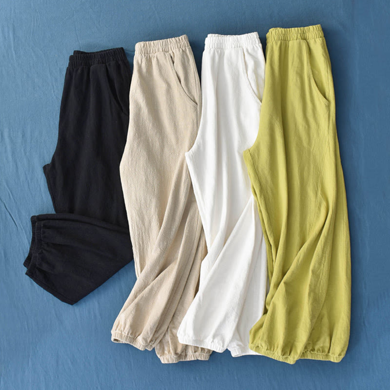 Buddha Stones Spodnie z gładkiej bawełny z ramią i kieszeniami - image 1