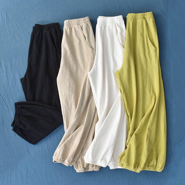 Buddha Stones Spodnie z gładkiej bawełny z ramią i kieszeniami - image 1