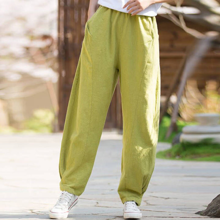 Buddha Stones Casualowe Spodnie Jogi Z Lnianej Bawełny Ramie Z Kieszeniami - Zielonożółty - US4, UK/AU8, EU36 (L) - image 0