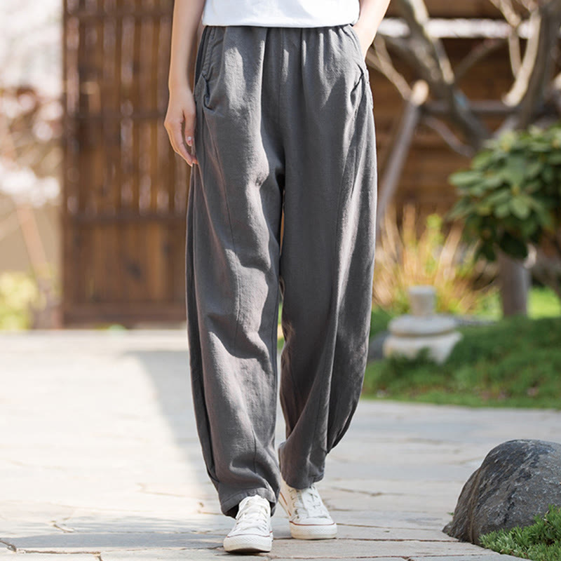 Buddha Stones Casualowe Spodnie Jogi Z Lnianej Bawełny Ramie Z Kieszeniami - Jasnoszary - US4, UK/AU8, EU36 (L) - image 25