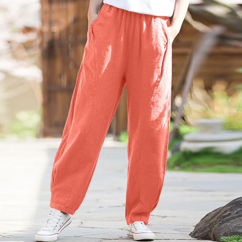 Buddha Stones Casualowe Spodnie Jogi Z Lnianej Bawełny Ramie Z Kieszeniami - LightCoral - US4, UK/AU8, EU36 (L) - image 34