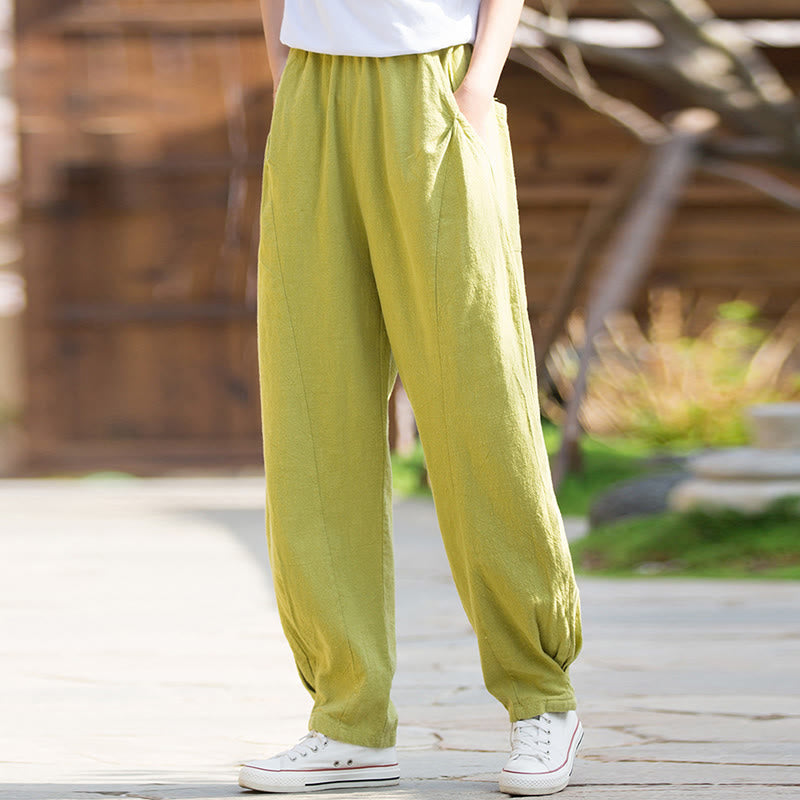 Buddha Stones Casualowe Spodnie Jogi Z Lnianej Bawełny Ramie Z Kieszeniami - image 1