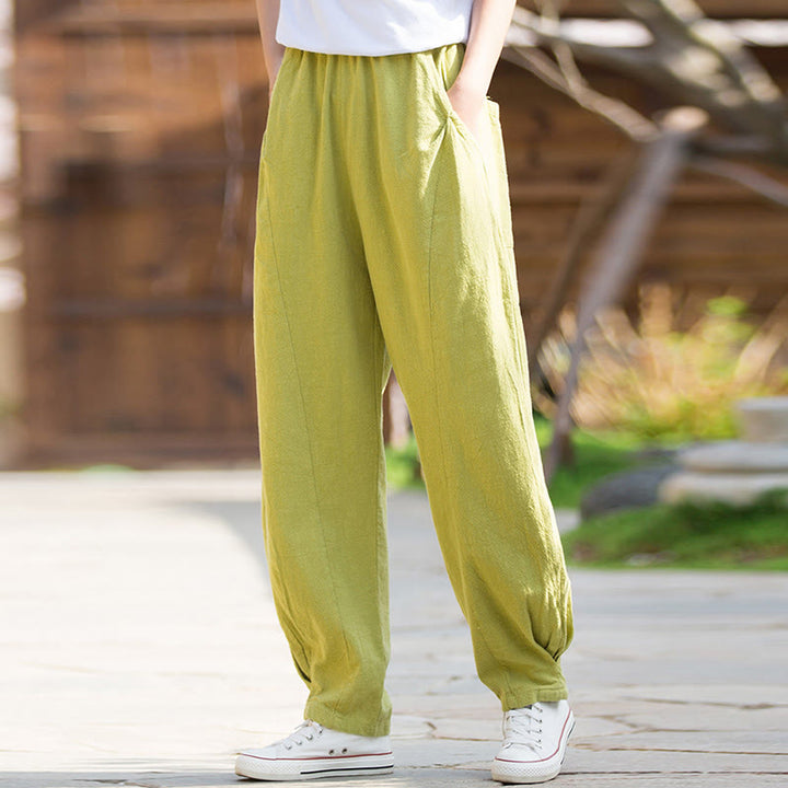 Buddha Stones Casualowe Spodnie Jogi Z Lnianej Bawełny Ramie Z Kieszeniami - image 1
