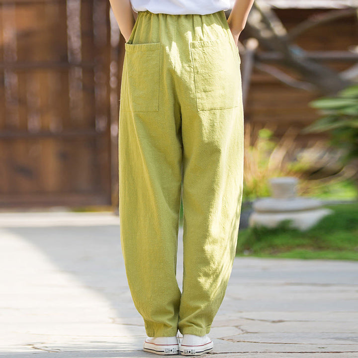 Buddha Stones Casualowe Spodnie Jogi Z Lnianej Bawełny Ramie Z Kieszeniami - image 2