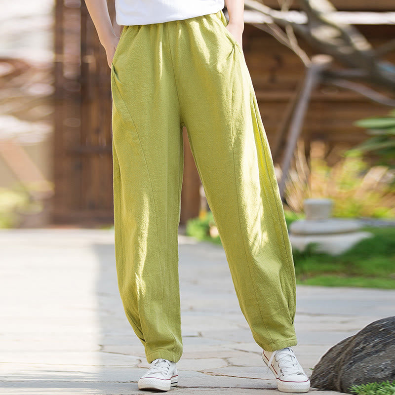 Buddha Stones Casualowe Spodnie Jogi Z Lnianej Bawełny Ramie Z Kieszeniami - image 4